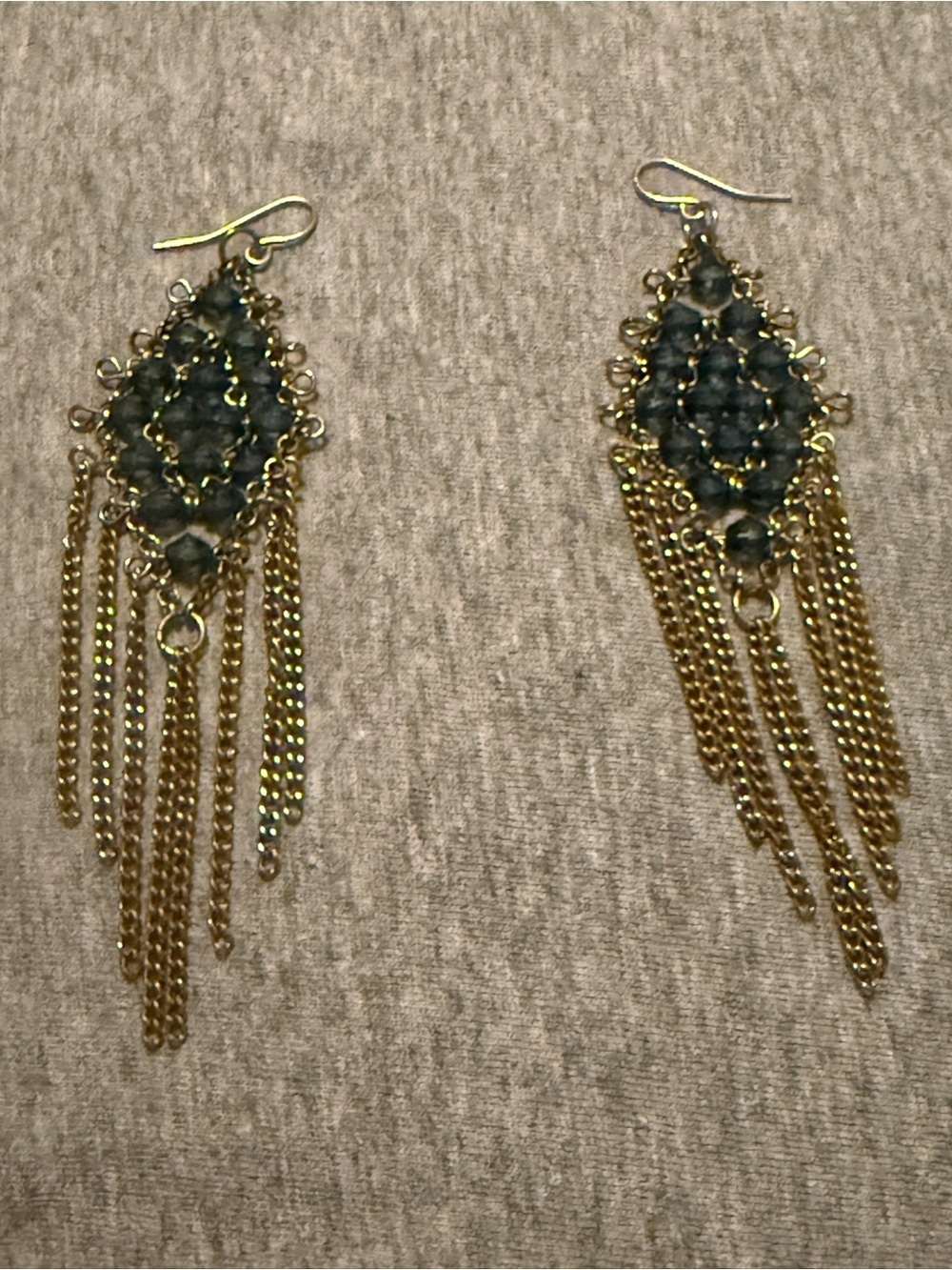 Gold-Tone Fringe Drop Earrings with Blue Beaded Diamond Motif - Picture 3 of 6